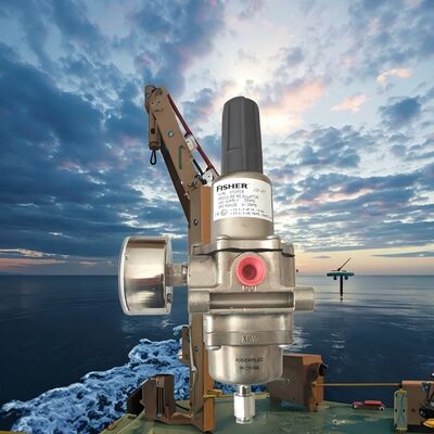 Regulador de gas Fisher con cuerpo de acero inoxidable y presión de entrada de 250 psi para aplicaciones en alta mar